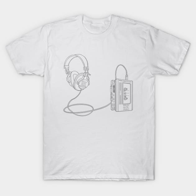 Portable Tape Player (Dark Silver Lines) Analog / Music T-Shirt by Analog Digital Visuals